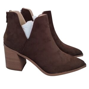 Kathemoi Womens Slip on Ankle Boots V Cutout Pointed Toe Chunky Stacked Mid Heel